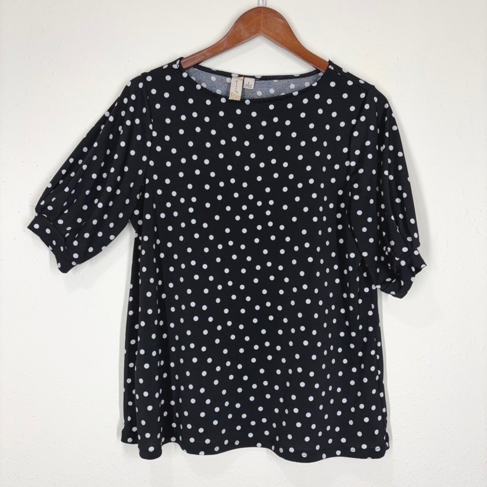 Misia Womens Polka Dot Top Large Black White Short Sleeve Puff Stretch RT1235